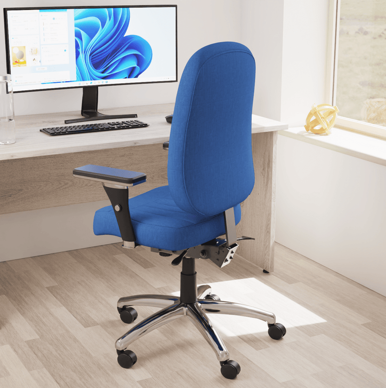 Barcelona Deluxe High Back Task Operator Office Chair with Arms, Blue Fabric, Chrome Frame, 158kg Capacity, 24hr Usage - Flat Packed