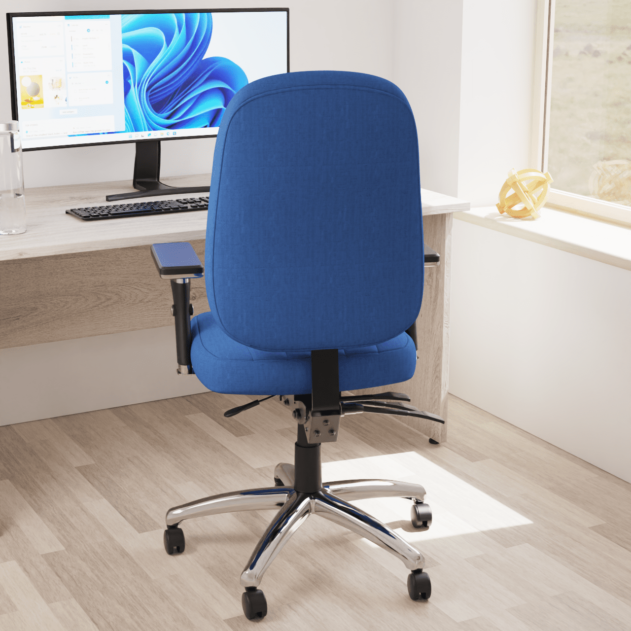 Barcelona Deluxe High Back Task Operator Office Chair with Arms, Blue Fabric, Chrome Frame, 158kg Capacity, 24hr Usage - Flat Packed
