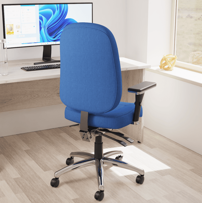 Barcelona Deluxe High Back Task Operator Office Chair with Arms, Blue Fabric, Chrome Frame, 158kg Capacity, 24hr Usage - Flat Packed