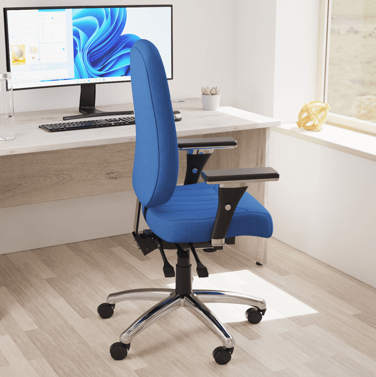 Barcelona Deluxe High Back Task Operator Office Chair with Arms, Blue Fabric, Chrome Frame, 158kg Capacity, 24hr Usage - Flat Packed