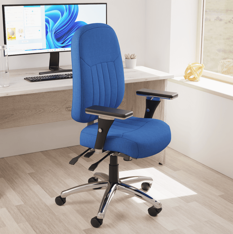 Barcelona Deluxe High Back Task Operator Office Chair with Arms, Blue Fabric, Chrome Frame, 158kg Capacity, 24hr Usage - Flat Packed