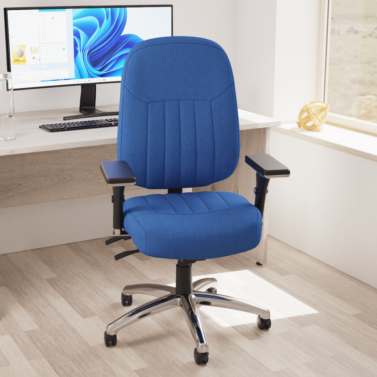 Barcelona Deluxe High Back Task Operator Office Chair with Arms, Blue Fabric, Chrome Frame, 158kg Capacity, 24hr Usage - Flat Packed