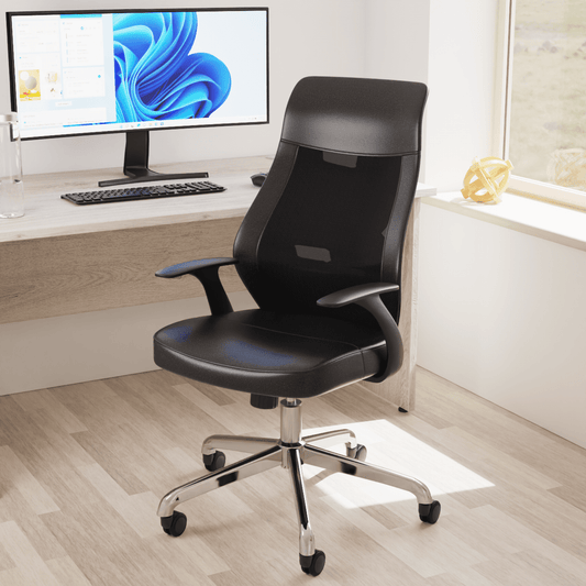 Baye High Mesh Back Task Operator Chair - Black Leather, Chrome Metal Frame, Fixed Arms, Lumbar Support, 110kg Capacity, 8hr Usage - Office/Home