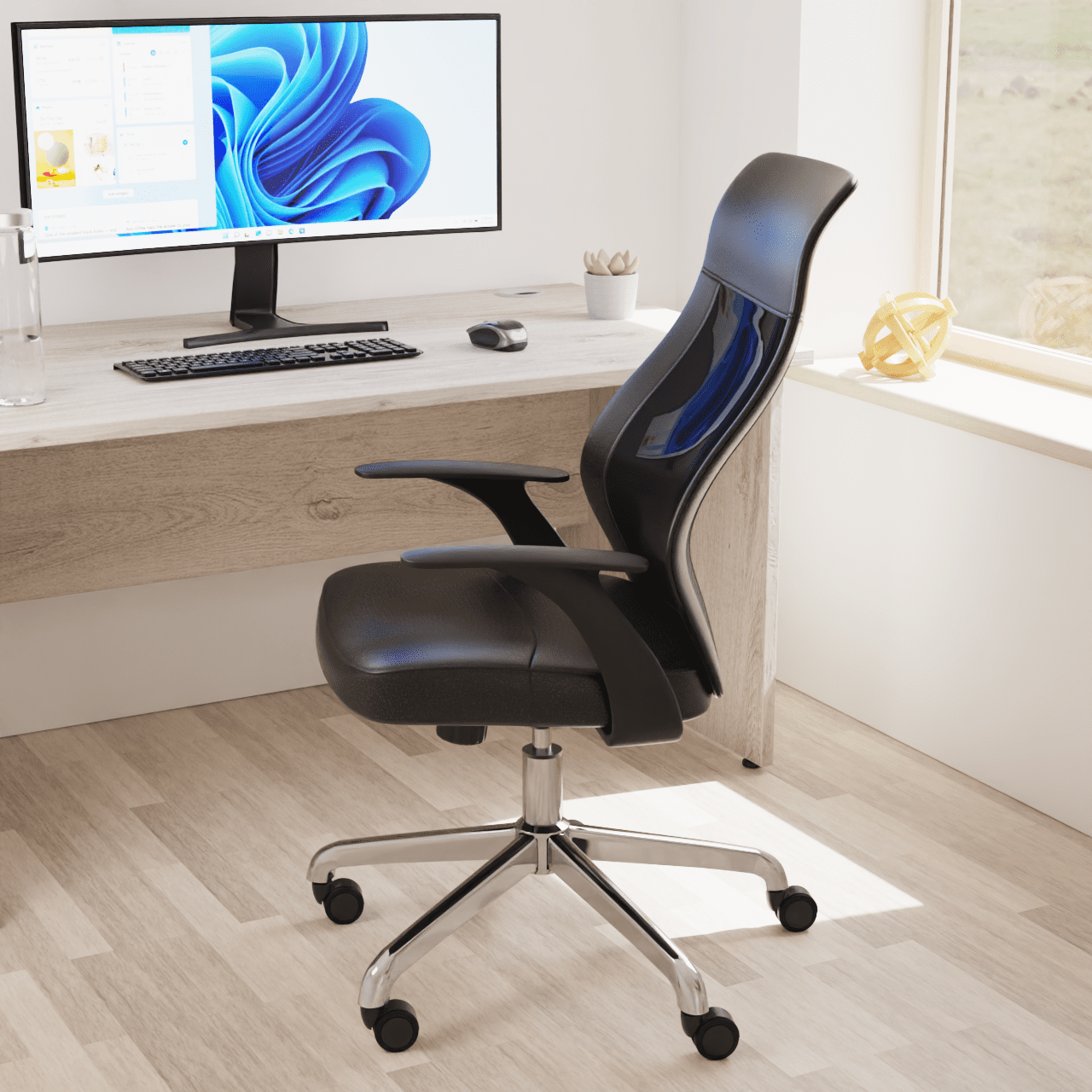 Baye High Mesh Back Task Operator Chair - Black Leather, Chrome Metal Frame, Fixed Arms, Lumbar Support, 110kg Capacity, 8hr Usage - Office/Home