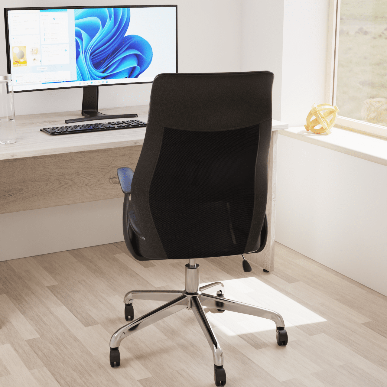 Baye High Mesh Back Task Operator Chair - Black Leather, Chrome Metal Frame, Fixed Arms, Lumbar Support, 110kg Capacity, 8hr Usage - Office/Home