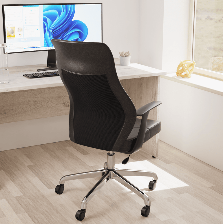 Baye High Mesh Back Task Operator Chair - Black Leather, Chrome Metal Frame, Fixed Arms, Lumbar Support, 110kg Capacity, 8hr Usage - Office/Home