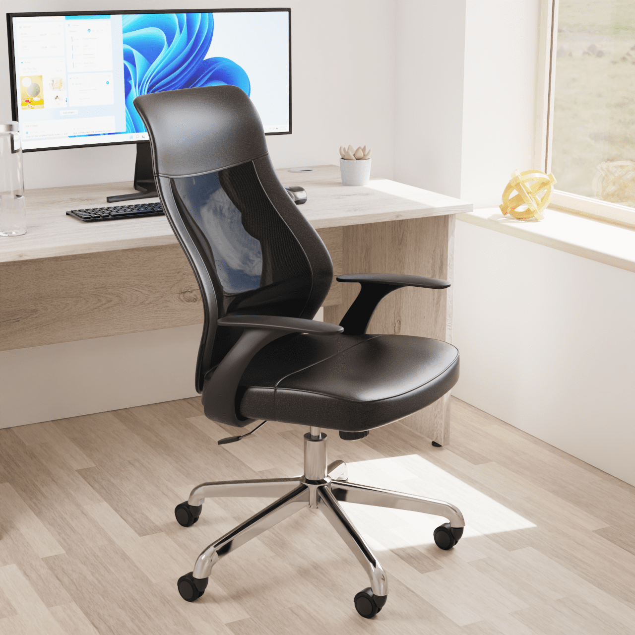 Baye High Mesh Back Task Operator Chair - Black Leather, Chrome Metal Frame, Fixed Arms, Lumbar Support, 110kg Capacity, 8hr Usage - Office/Home