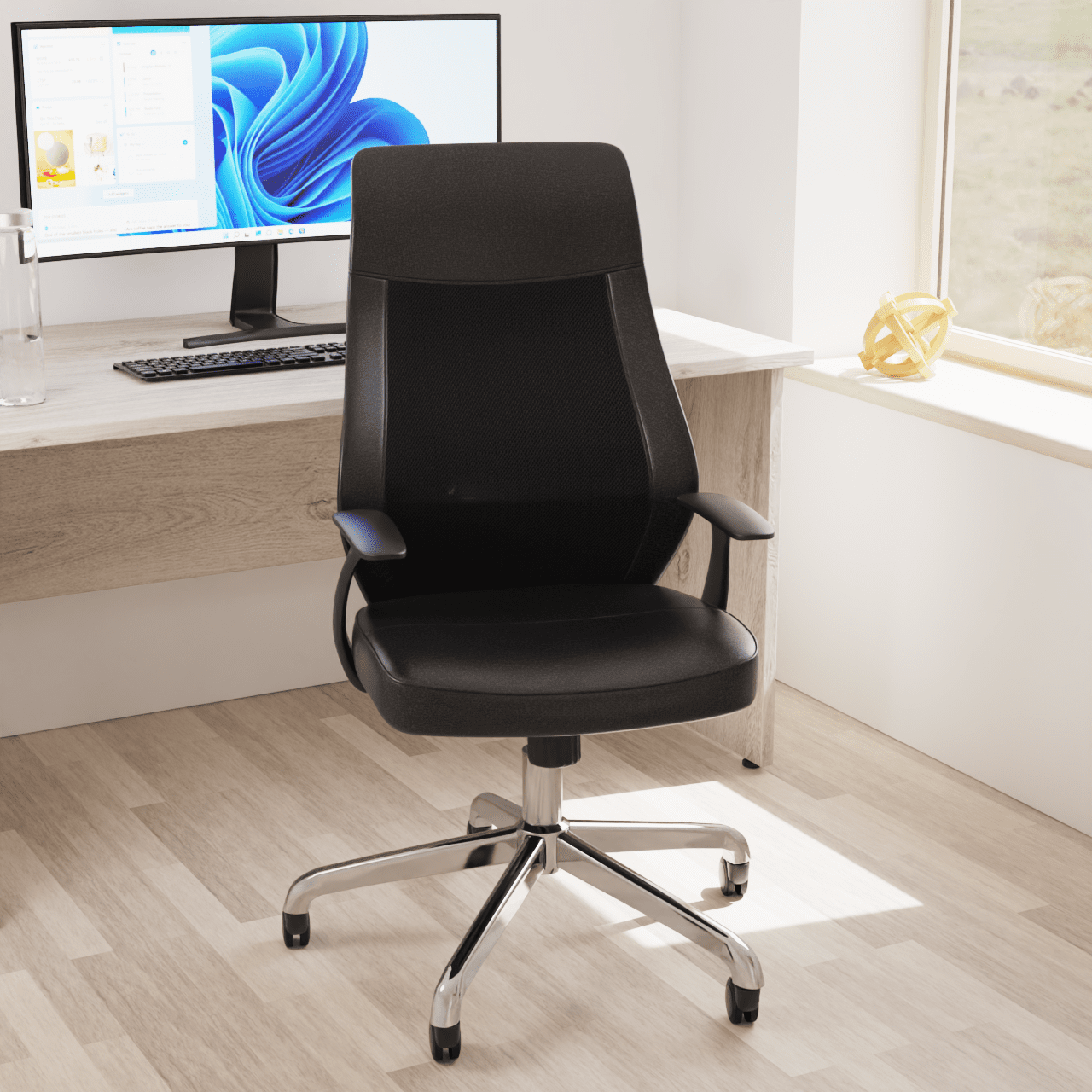 Baye High Mesh Back Task Operator Chair - Black Leather, Chrome Metal Frame, Fixed Arms, Lumbar Support, 110kg Capacity, 8hr Usage - Office/Home