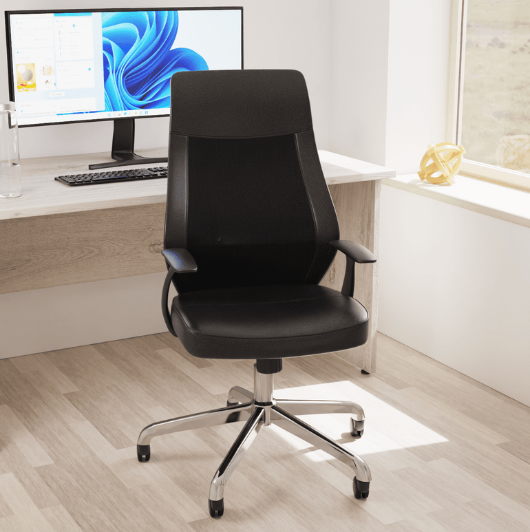 Baye High Mesh Back Task Operator Chair - Black Leather, Chrome Metal Frame, Fixed Arms, Lumbar Support, 110kg Capacity, 8hr Usage - Office/Home