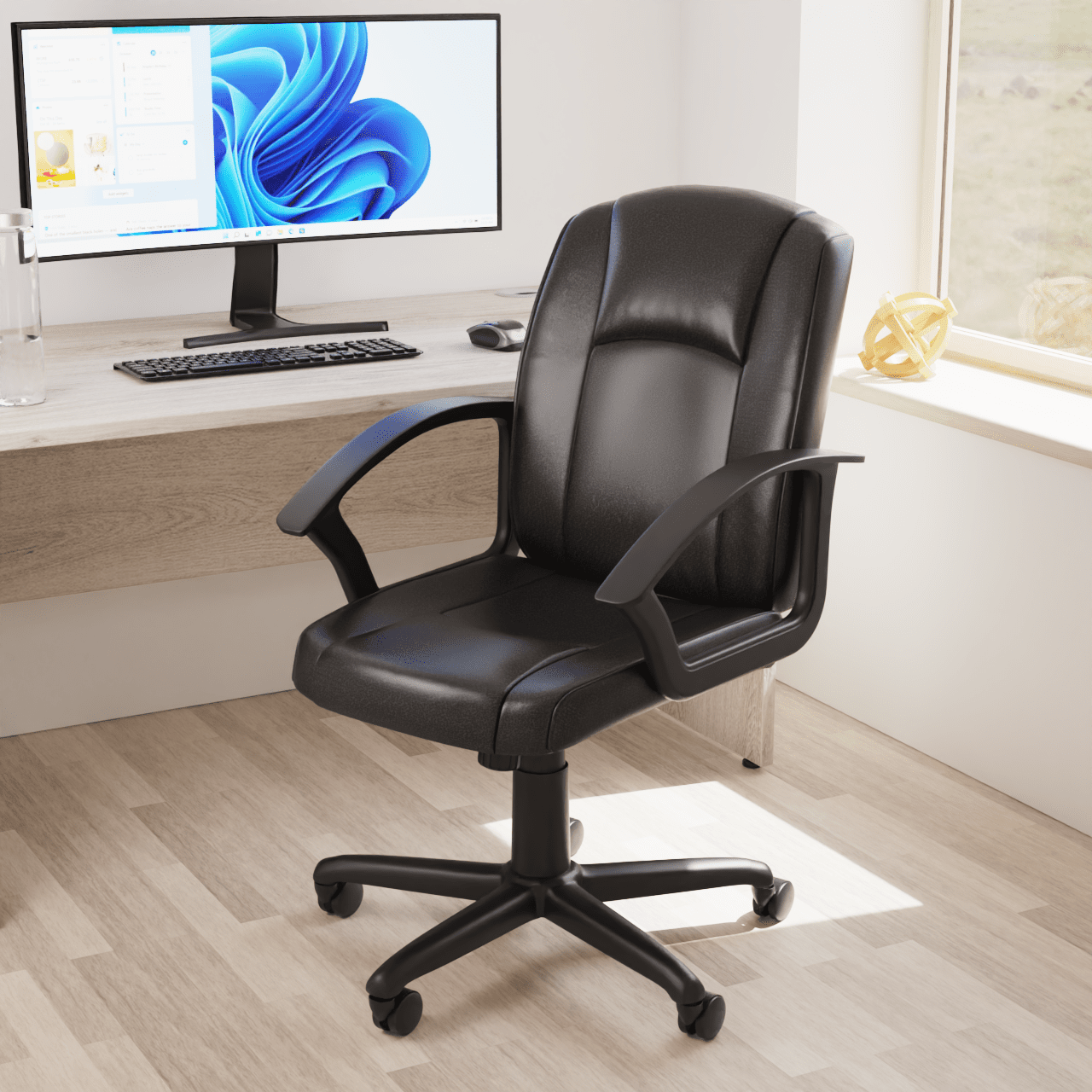 Bella Medium Back Executive Office Chair with Arms - Fabric & Soft Bonded Leather, Metal Frame, 125kg Capacity, 8hr Usage, Adjustable Height & Tilt