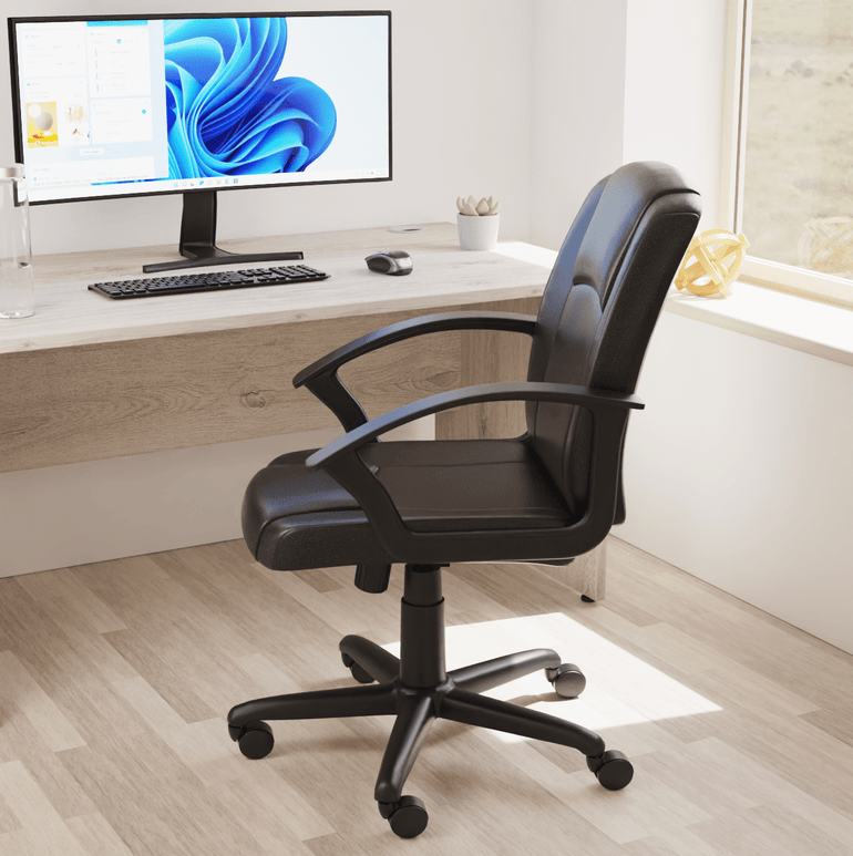 Bella Medium Back Executive Office Chair with Arms - Fabric & Soft Bonded Leather, Metal Frame, 125kg Capacity, 8hr Usage, Adjustable Height & Tilt