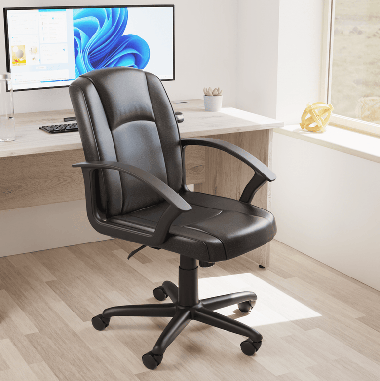 Bella Medium Back Executive Office Chair with Arms - Fabric & Soft Bonded Leather, Metal Frame, 125kg Capacity, 8hr Usage, Adjustable Height & Tilt