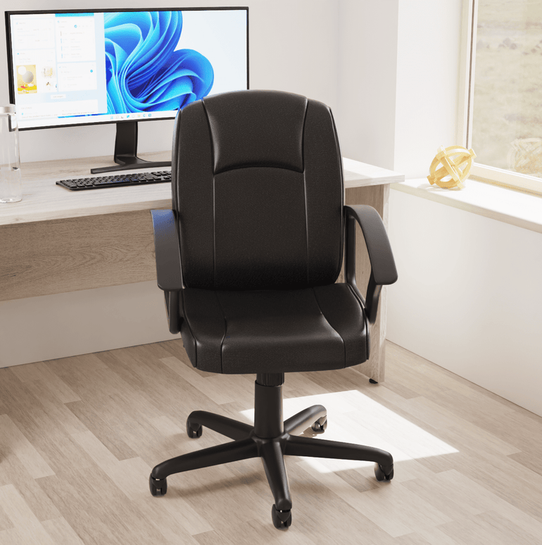 Bella Medium Back Executive Office Chair with Arms - Fabric & Soft Bonded Leather, Metal Frame, 125kg Capacity, 8hr Usage, Adjustable Height & Tilt