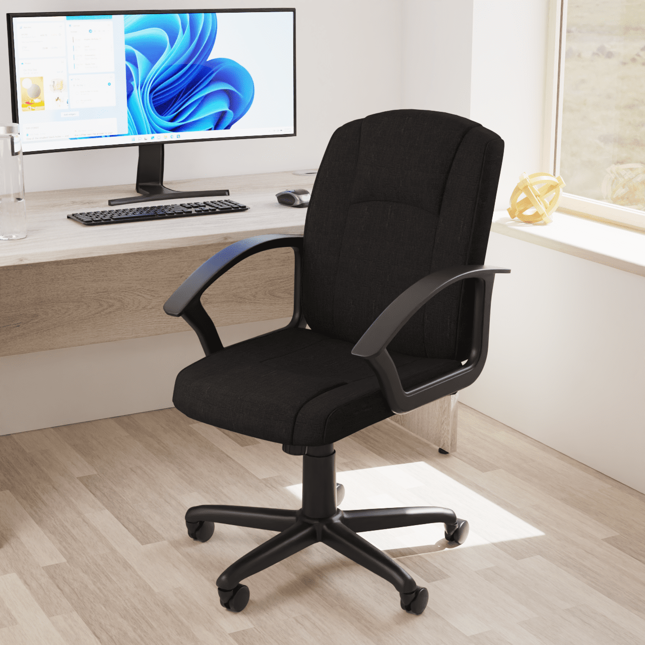 Bella Medium Back Executive Office Chair with Arms - Fabric & Soft Bonded Leather, Metal Frame, 125kg Capacity, 8hr Usage, Adjustable Height & Tilt