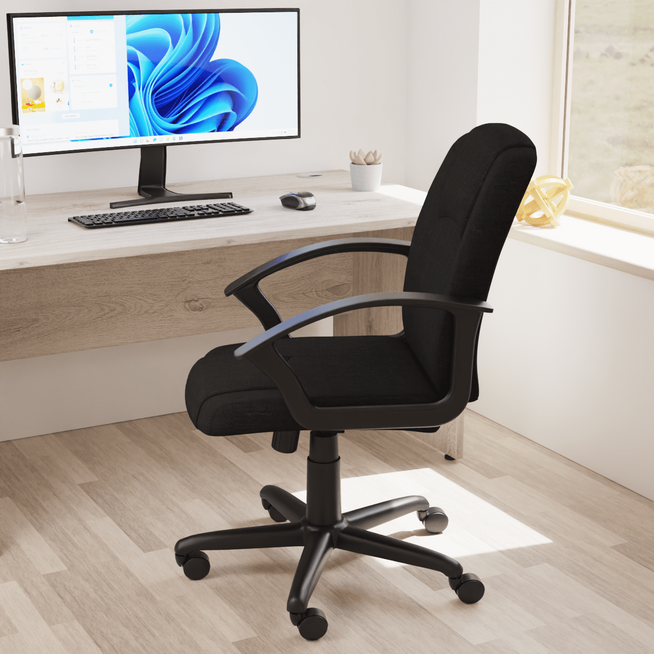 Bella Medium Back Executive Office Chair with Arms - Fabric & Soft Bonded Leather, Metal Frame, 125kg Capacity, 8hr Usage, Adjustable Height & Tilt