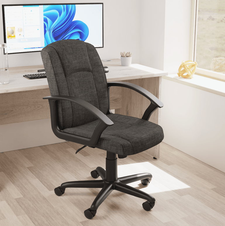 Bella Medium Back Executive Office Chair with Arms - Fabric & Soft Bonded Leather, Metal Frame, 125kg Capacity, 8hr Usage, Adjustable Height & Tilt