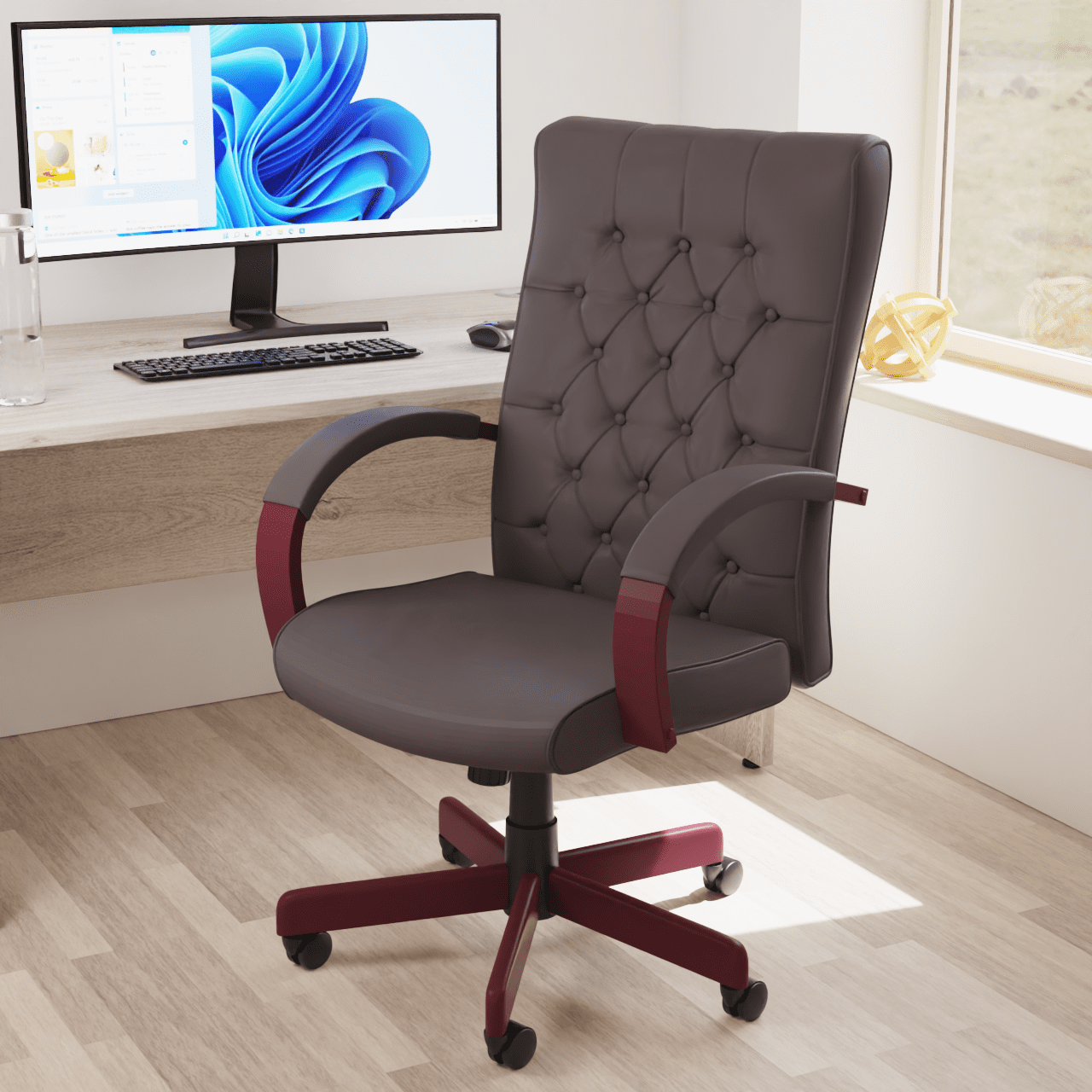 Chesterfield High Back Executive Office Chair - Soft Bonded Leather, Wooden Frame, 110kg Capacity, 8hr Usage, Gas Height Adjustment