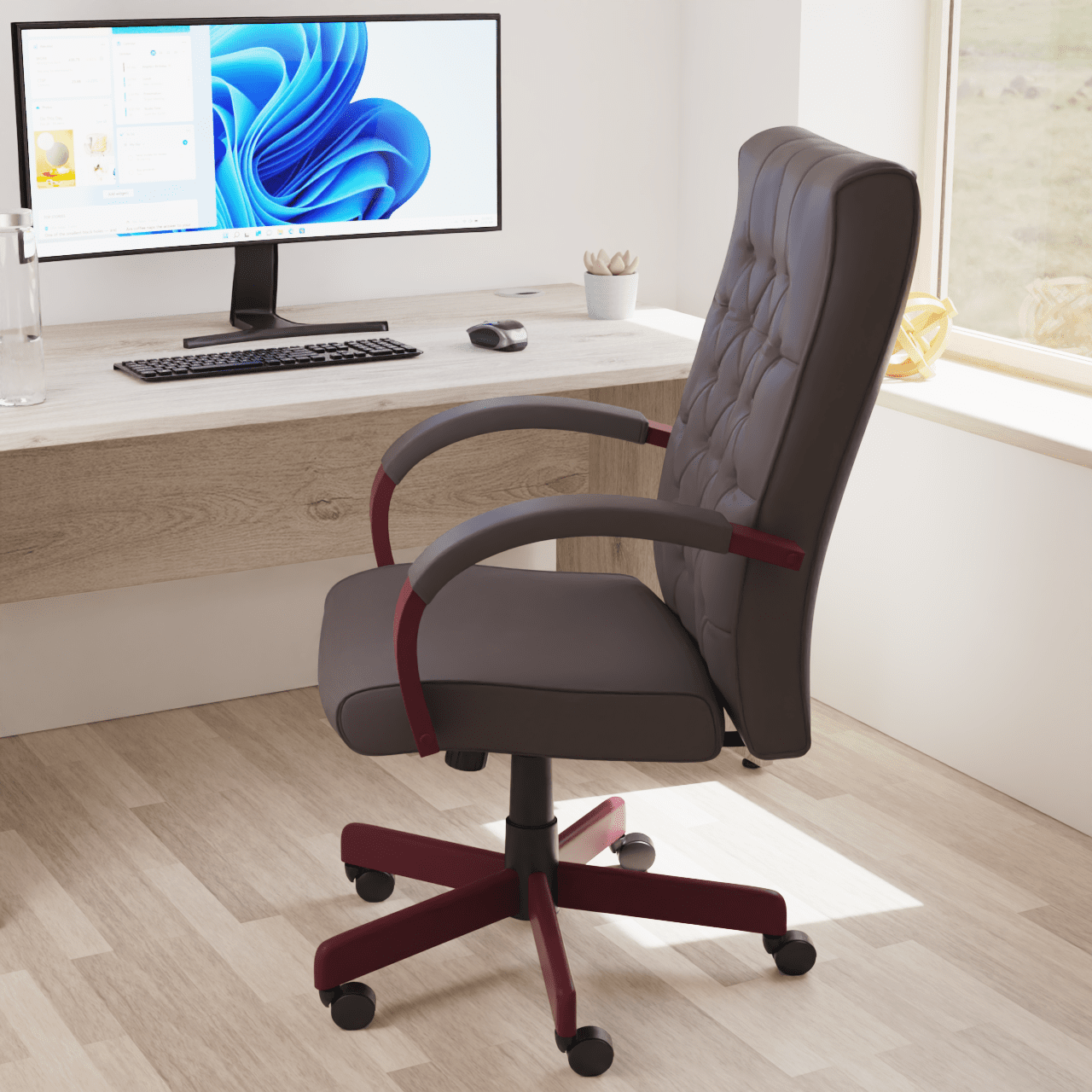 Chesterfield High Back Executive Office Chair - Soft Bonded Leather, Wooden Frame, 110kg Capacity, 8hr Usage, Gas Height Adjustment