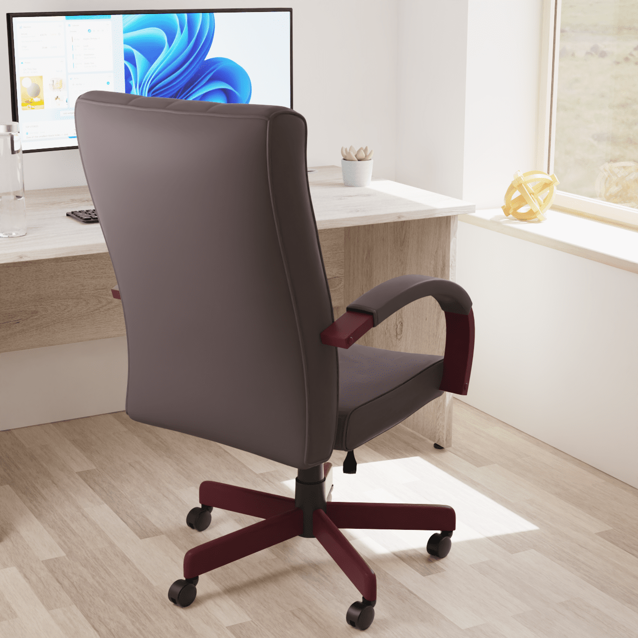 Chesterfield High Back Executive Office Chair - Soft Bonded Leather, Wooden Frame, 110kg Capacity, 8hr Usage, Gas Height Adjustment