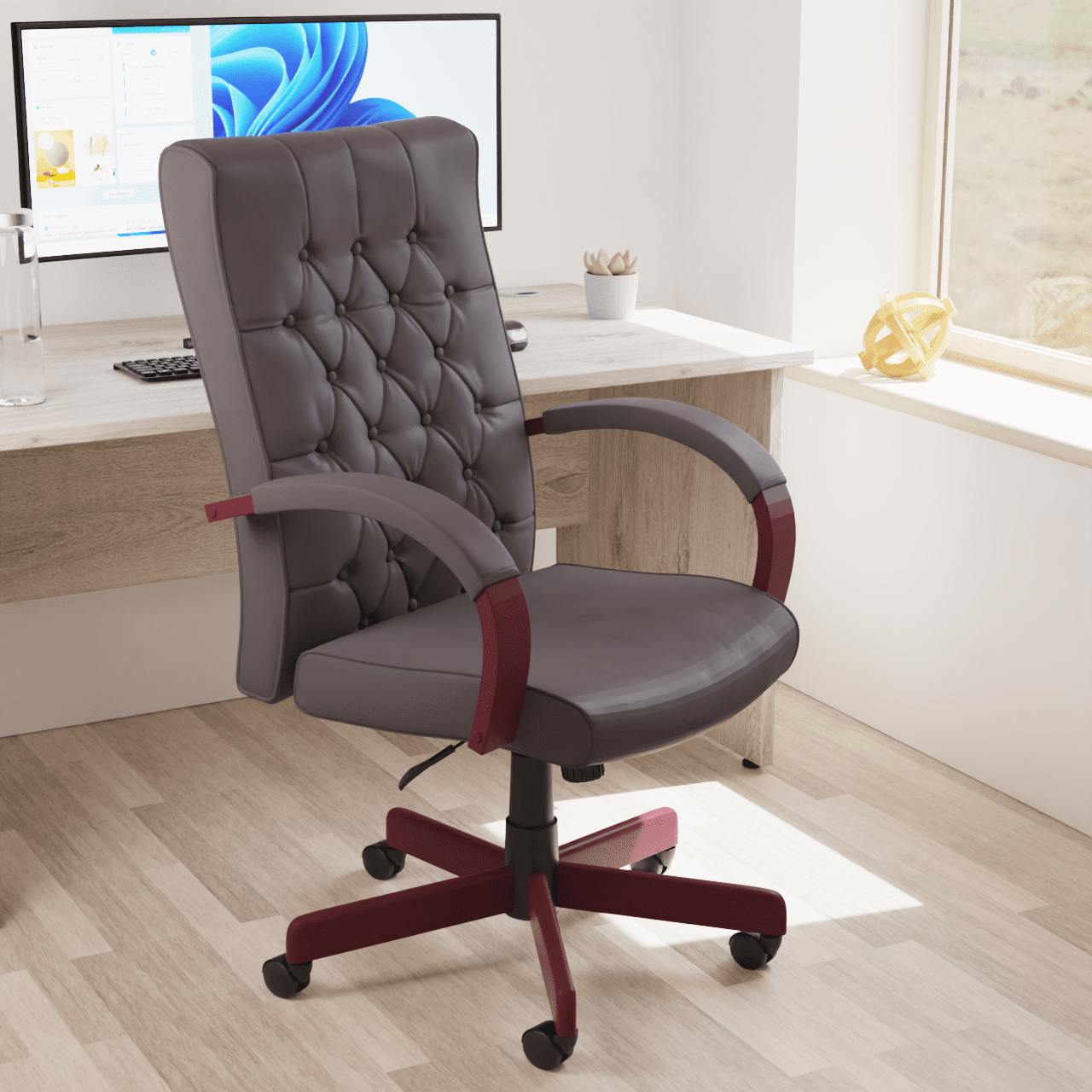 Chesterfield High Back Executive Office Chair - Soft Bonded Leather, Wooden Frame, 110kg Capacity, 8hr Usage, Gas Height Adjustment