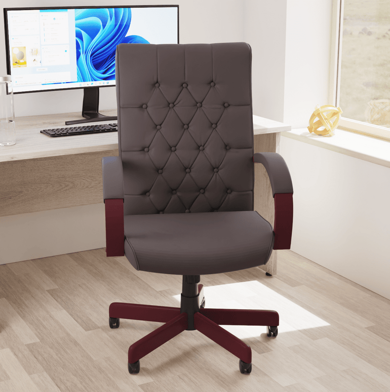 Chesterfield High Back Executive Office Chair - Soft Bonded Leather, Wooden Frame, 110kg Capacity, 8hr Usage, Gas Height Adjustment