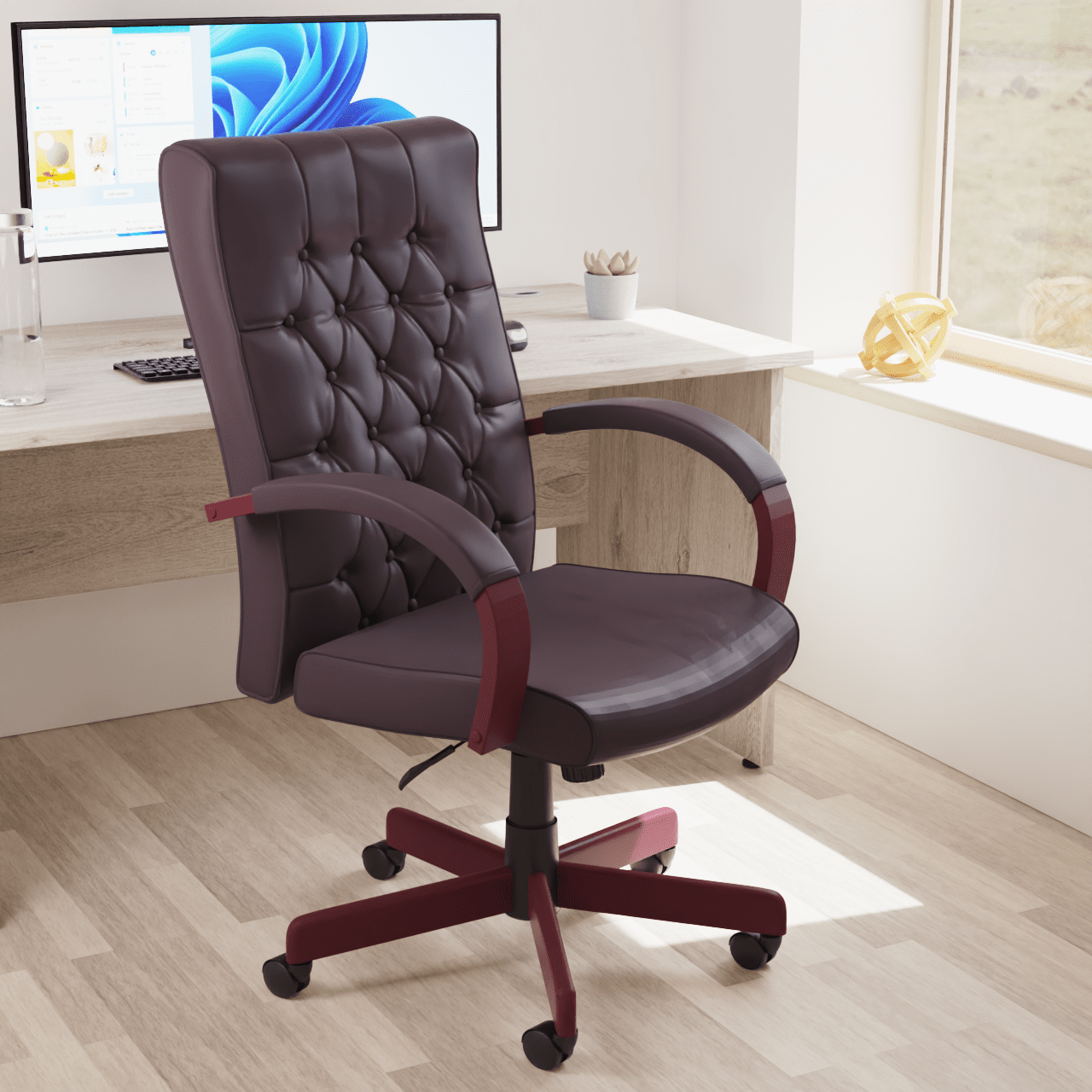 Chesterfield High Back Executive Office Chair - Soft Bonded Leather, Wooden Frame, 110kg Capacity, 8hr Usage, Gas Height Adjustment