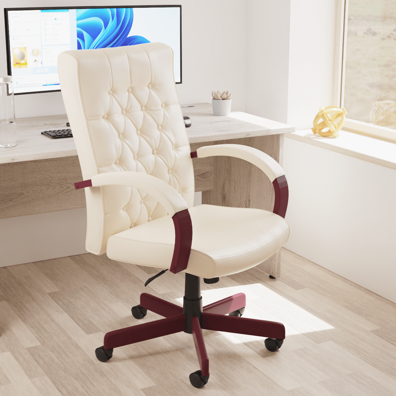 Chesterfield High Back Executive Office Chair - Soft Bonded Leather, Wooden Frame, 110kg Capacity, 8hr Usage, Gas Height Adjustment