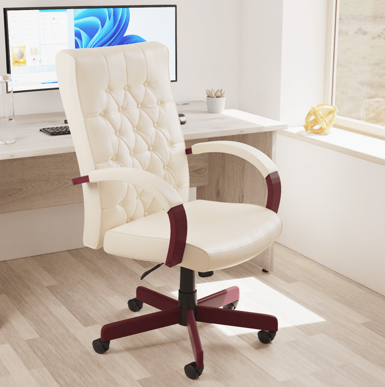 Chesterfield High Back Executive Office Chair - Soft Bonded Leather, Wooden Frame, 110kg Capacity, 8hr Usage, Gas Height Adjustment