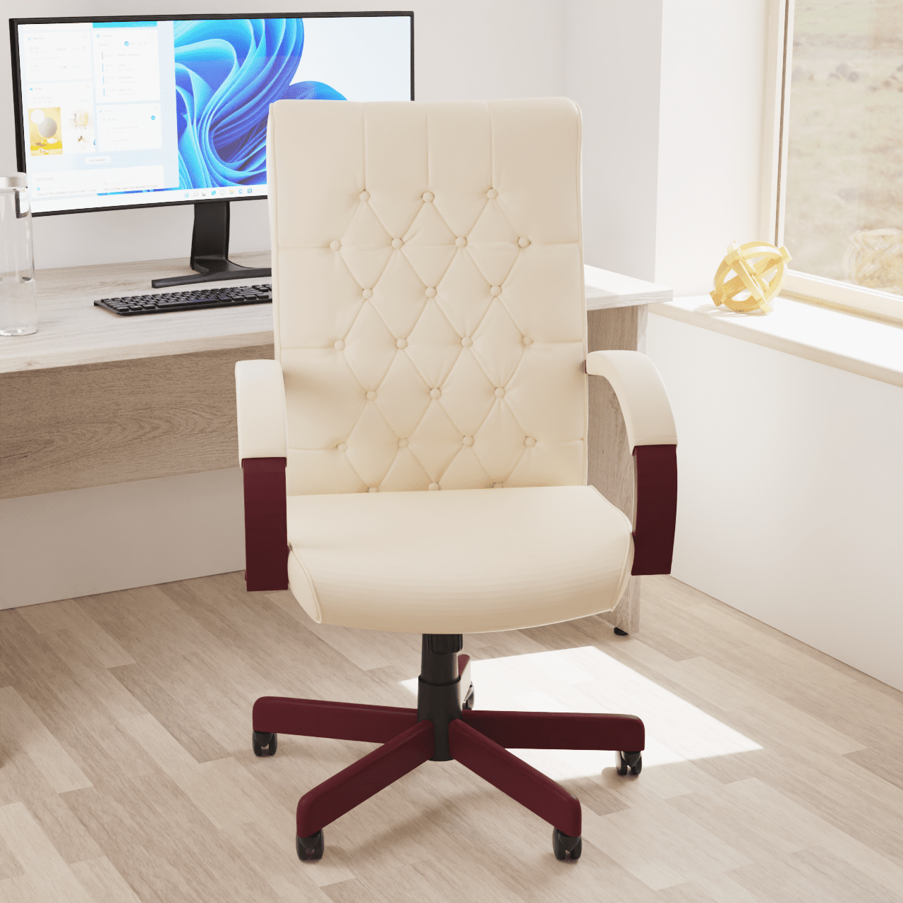 Chesterfield High Back Executive Office Chair - Soft Bonded Leather, Wooden Frame, 110kg Capacity, 8hr Usage, Gas Height Adjustment