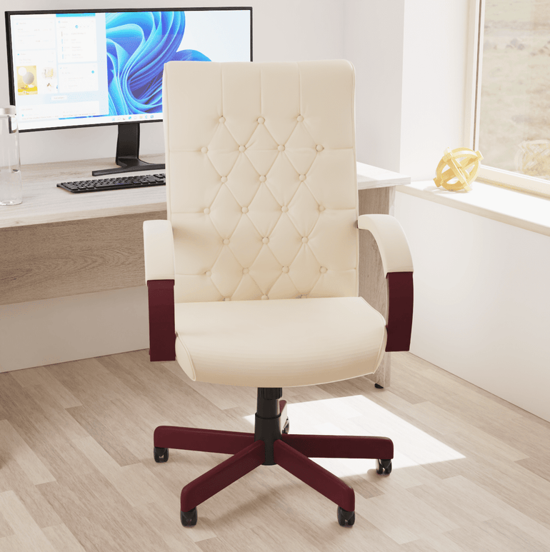 Chesterfield High Back Executive Office Chair - Soft Bonded Leather, Wooden Frame, 110kg Capacity, 8hr Usage, Gas Height Adjustment