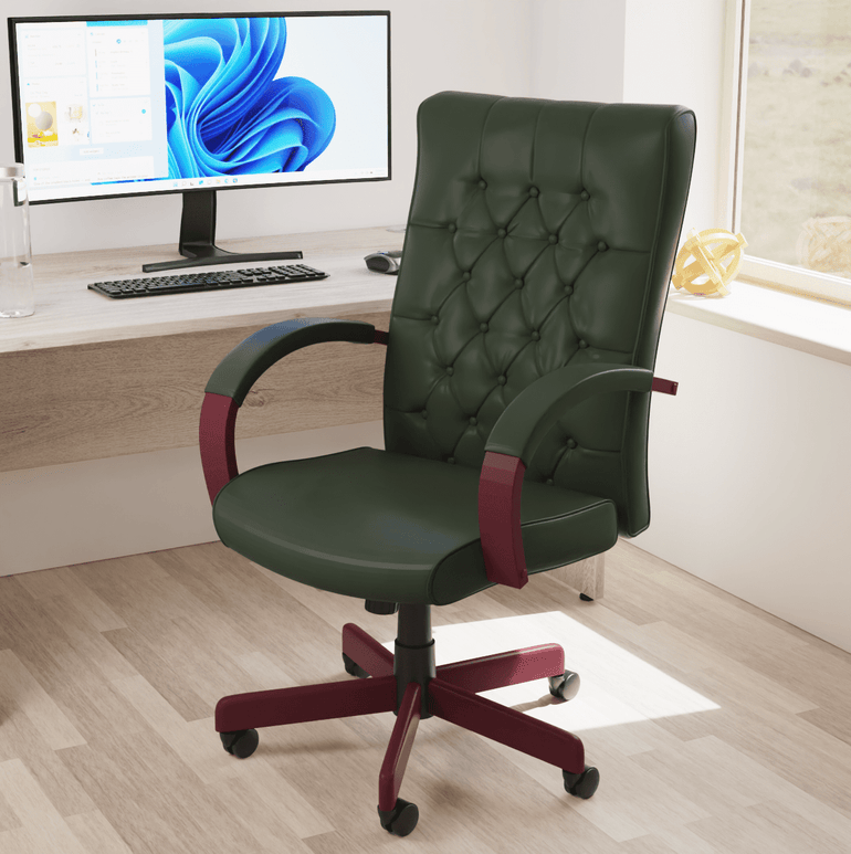 Chesterfield High Back Executive Office Chair - Soft Bonded Leather, Wooden Frame, 110kg Capacity, 8hr Usage, Gas Height Adjustment