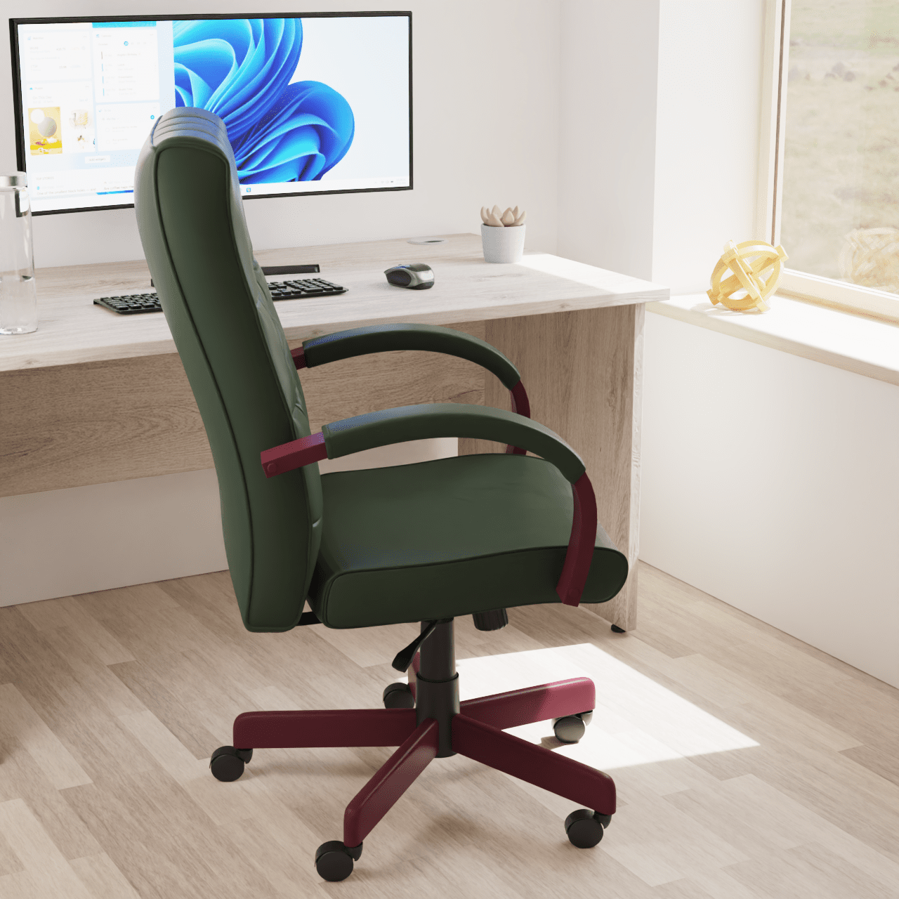 Chesterfield High Back Executive Office Chair - Soft Bonded Leather, Wooden Frame, 110kg Capacity, 8hr Usage, Gas Height Adjustment