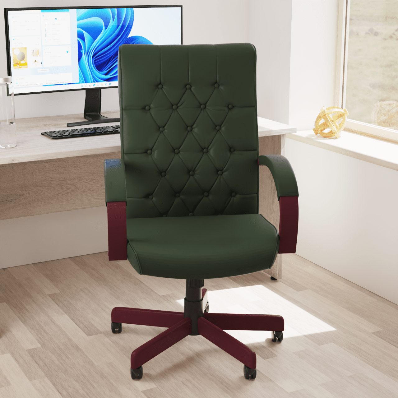 Chesterfield High Back Executive Office Chair - Soft Bonded Leather, Wooden Frame, 110kg Capacity, 8hr Usage, Gas Height Adjustment