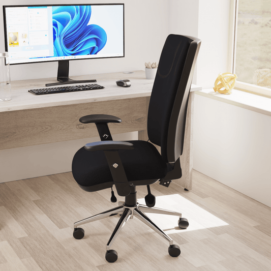 Chiro High Back Task Operator Office Chair - 24hr Usage, Adjustable Lumbar Support, Chrome Metal Frame, 150kg Capacity, Flat Packed (700x700x1080mm)