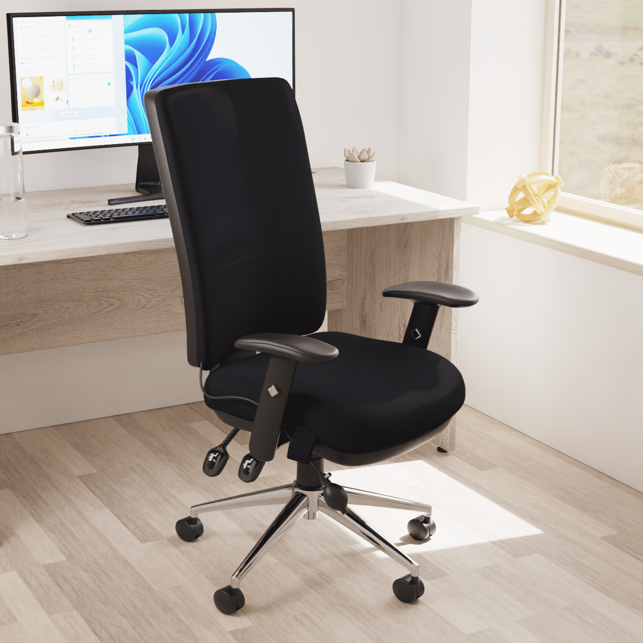 Chiro High Back Task Operator Office Chair - 24hr Usage, Adjustable Lumbar Support, Chrome Metal Frame, 150kg Capacity, Flat Packed (700x700x1080mm)