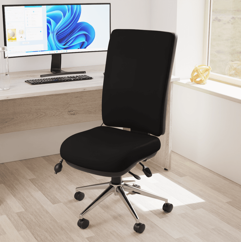 Chiro High Back Task Operator Office Chair - 24hr Usage, Adjustable Lumbar Support, Chrome Metal Frame, 150kg Capacity, Flat Packed (700x700x1080mm)