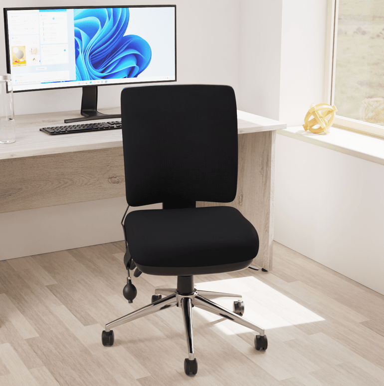 Chiro Medium Back Task Operator Office Chair - Fabric Seat, Chrome Metal Frame, Adjustable Lumbar Support, 150kg Capacity, 24hr Usage - Flat Packed