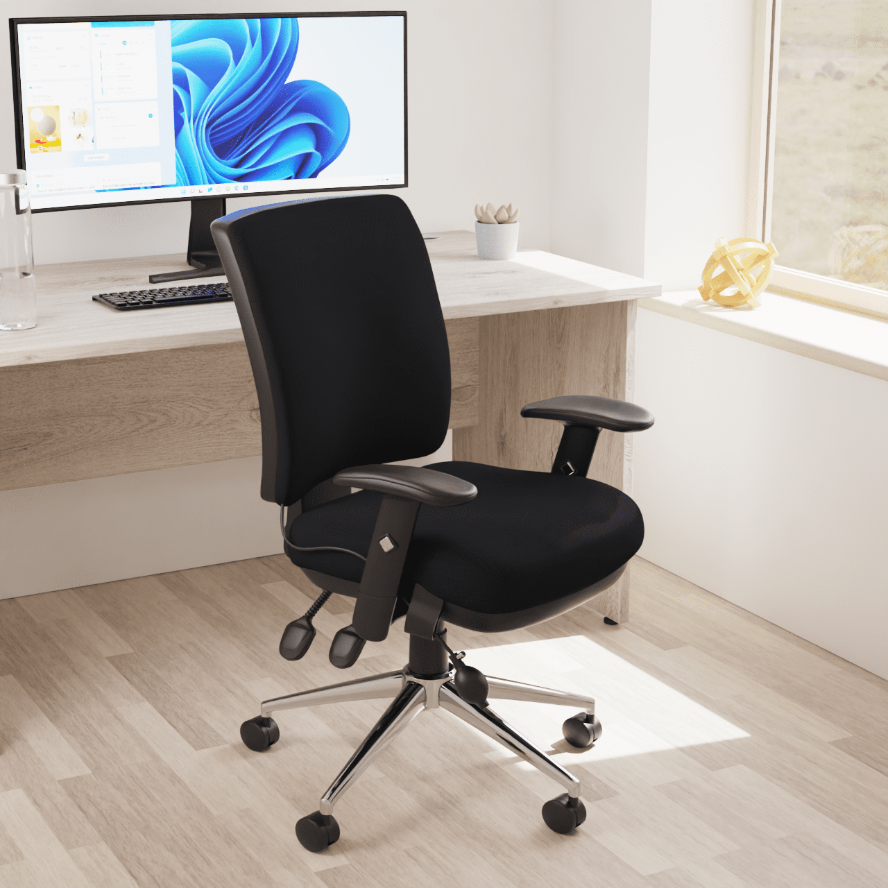 Chiro Medium Back Task Operator Office Chair - Fabric Seat, Chrome Metal Frame, Adjustable Lumbar Support, 150kg Capacity, 24hr Usage - Flat Packed
