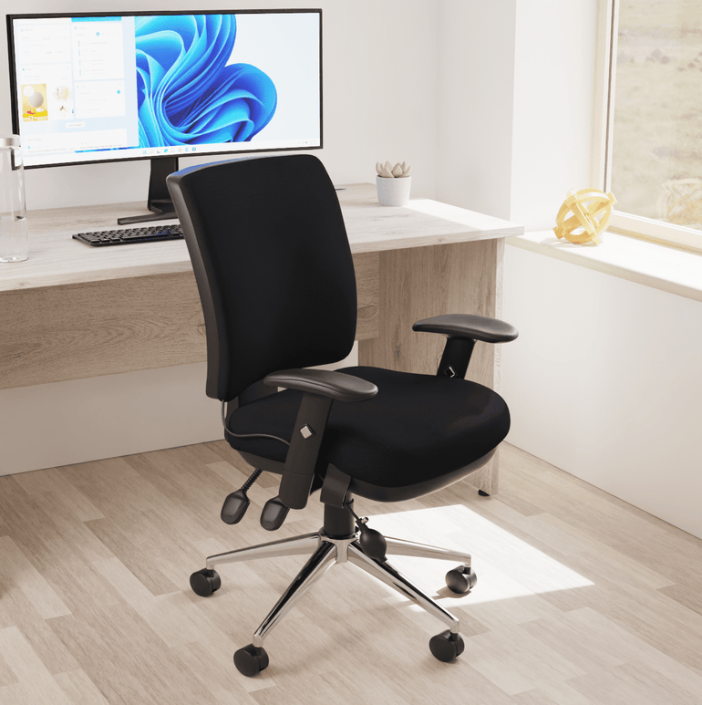 Chiro Medium Back Task Operator Office Chair - Fabric Seat, Chrome Metal Frame, Adjustable Lumbar Support, 150kg Capacity, 24hr Usage - Flat Packed