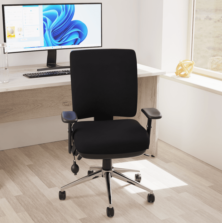 Chiro Medium Back Task Operator Office Chair - Fabric Seat, Chrome Metal Frame, Adjustable Lumbar Support, 150kg Capacity, 24hr Usage - Flat Packed