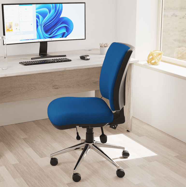 Chiro Medium Back Task Operator Office Chair - Fabric Seat, Chrome Metal Frame, Adjustable Lumbar Support, 150kg Capacity, 24hr Usage - Flat Packed