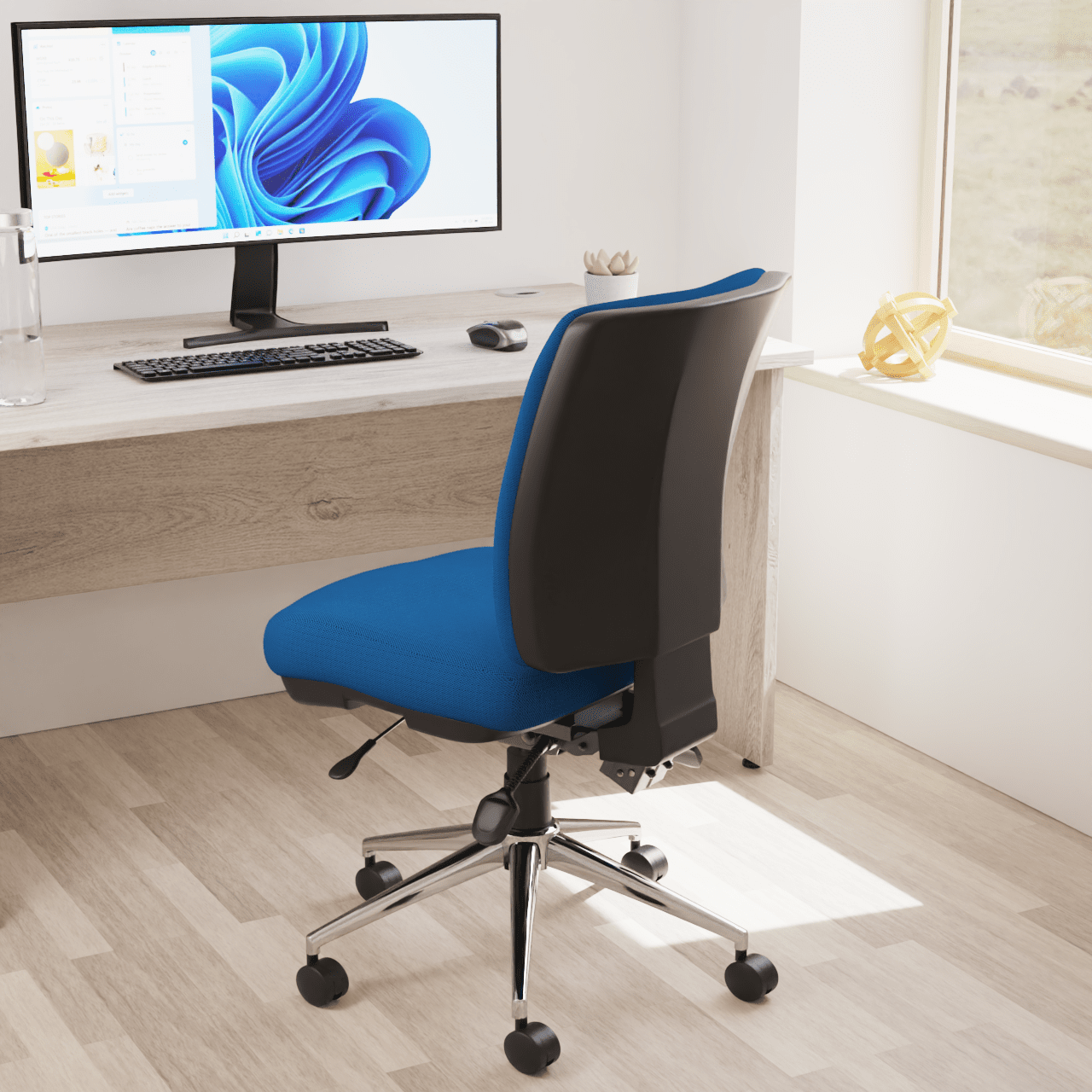 Chiro Medium Back Task Operator Office Chair - Fabric Seat, Chrome Metal Frame, Adjustable Lumbar Support, 150kg Capacity, 24hr Usage - Flat Packed