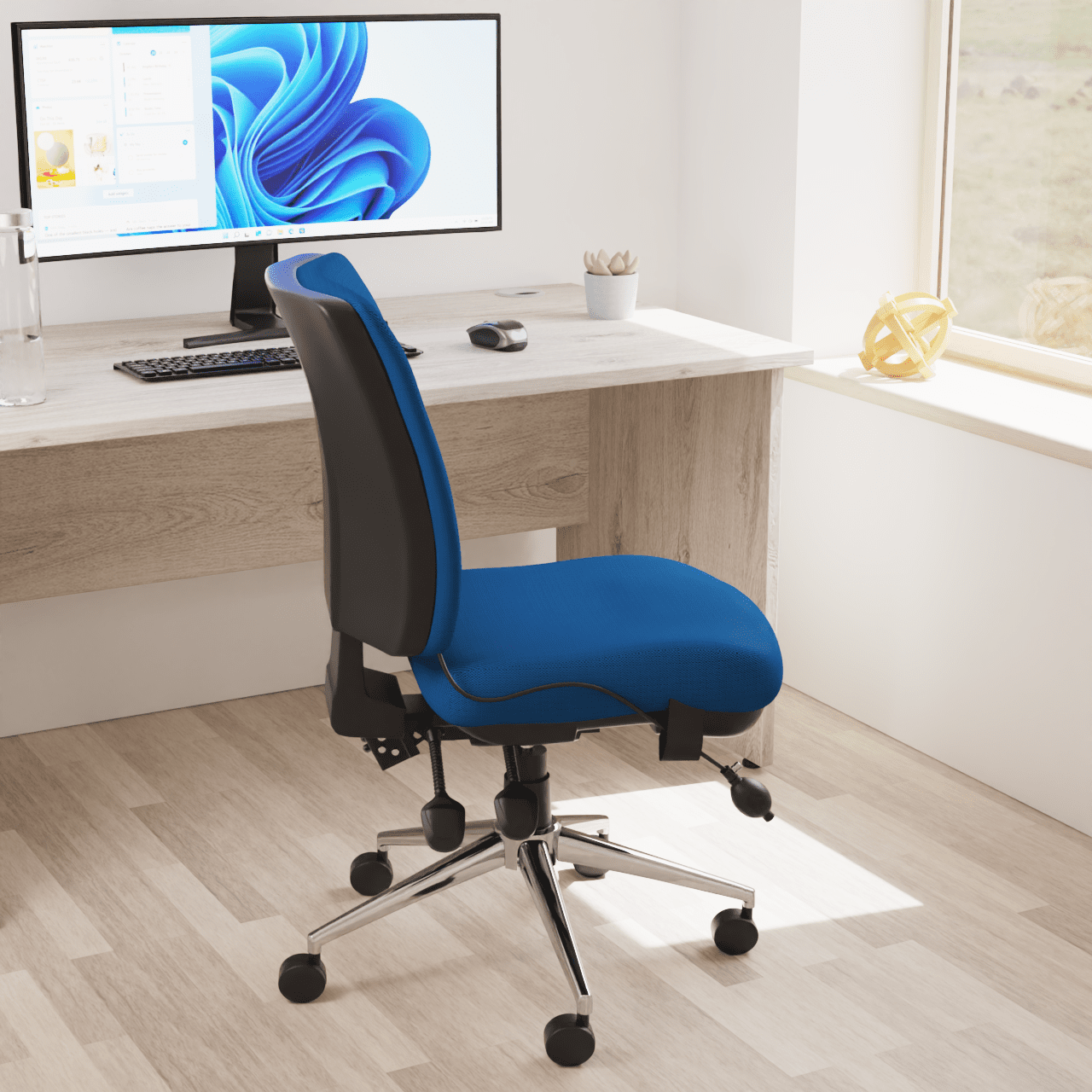 Chiro Medium Back Task Operator Office Chair - Fabric Seat, Chrome Metal Frame, Adjustable Lumbar Support, 150kg Capacity, 24hr Usage - Flat Packed