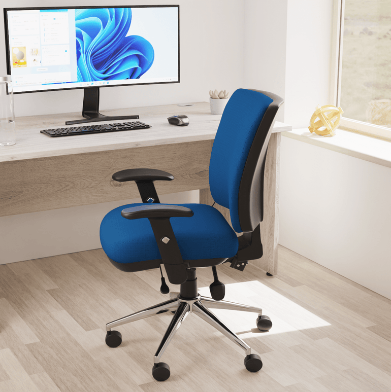 Chiro Medium Back Task Operator Office Chair - Fabric Seat, Chrome Metal Frame, Adjustable Lumbar Support, 150kg Capacity, 24hr Usage - Flat Packed