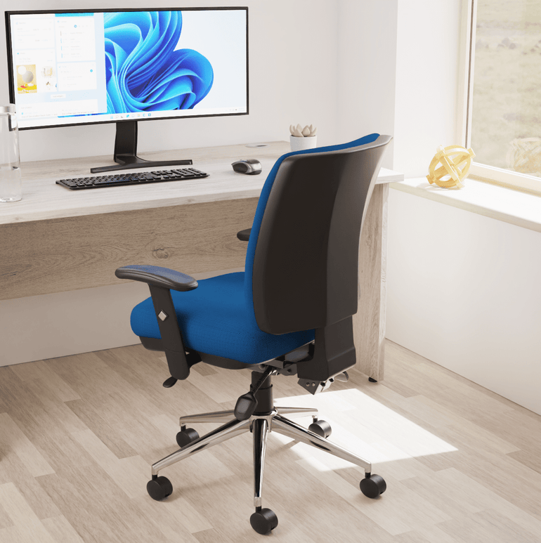 Chiro Medium Back Task Operator Office Chair - Fabric Seat, Chrome Metal Frame, Adjustable Lumbar Support, 150kg Capacity, 24hr Usage - Flat Packed