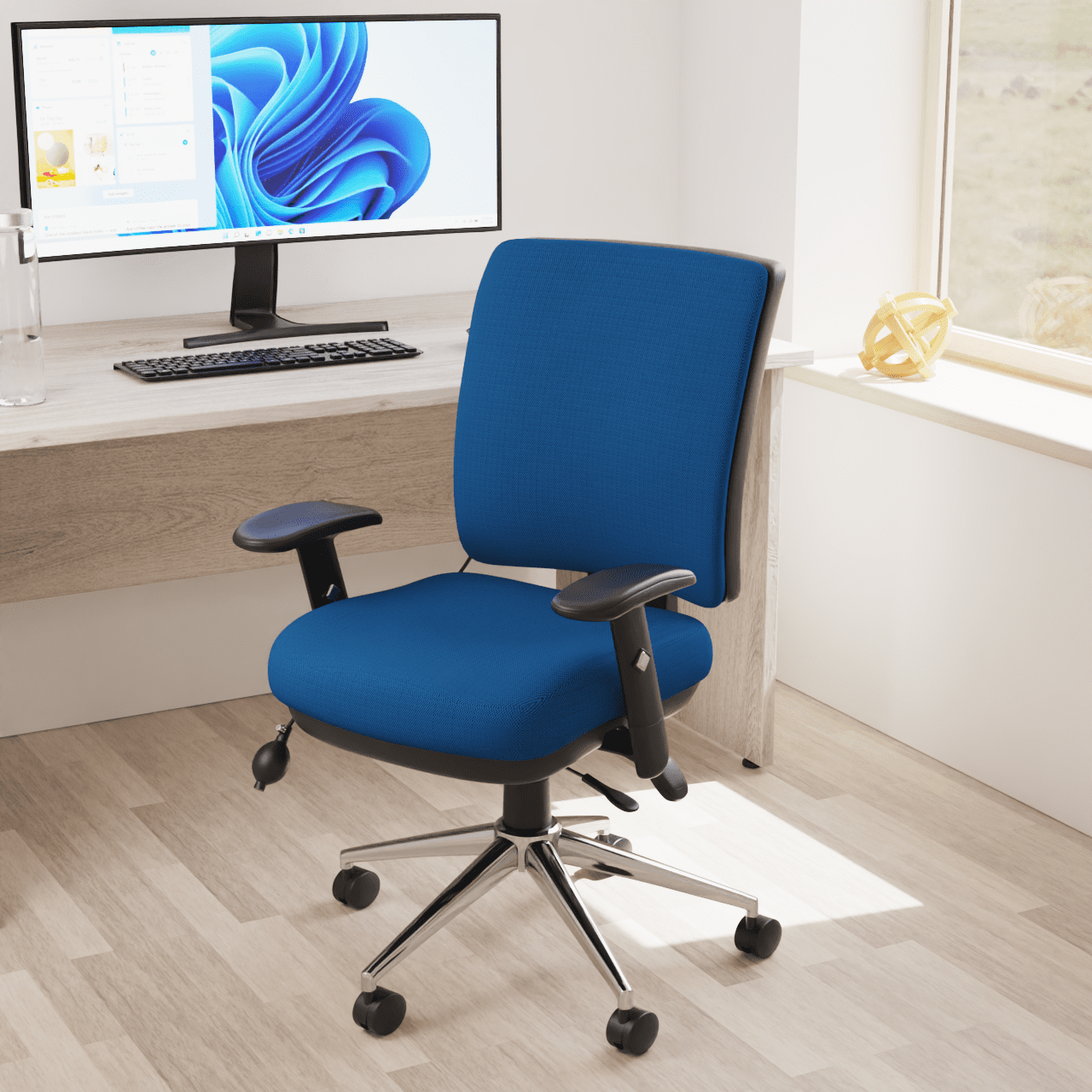 Chiro Medium Back Task Operator Office Chair - Fabric Seat, Chrome Metal Frame, Adjustable Lumbar Support, 150kg Capacity, 24hr Usage - Flat Packed