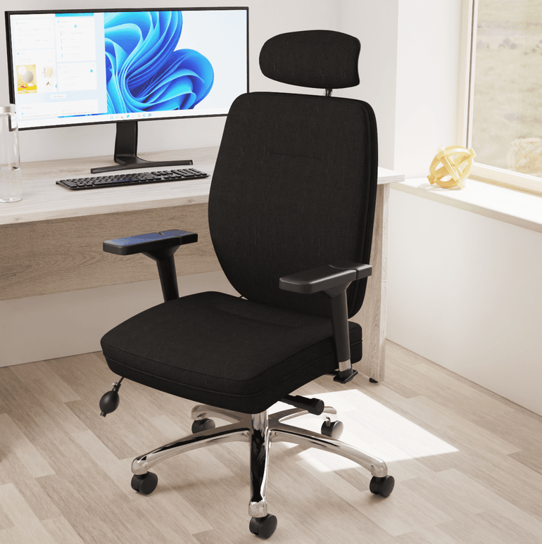 Domino High Back Black Posture Chair - Bonded Leather & Fabric, Adjustable Arms & Headrest, Chrome Frame, 145kg Capacity, 24hr Use (Flat Packed)