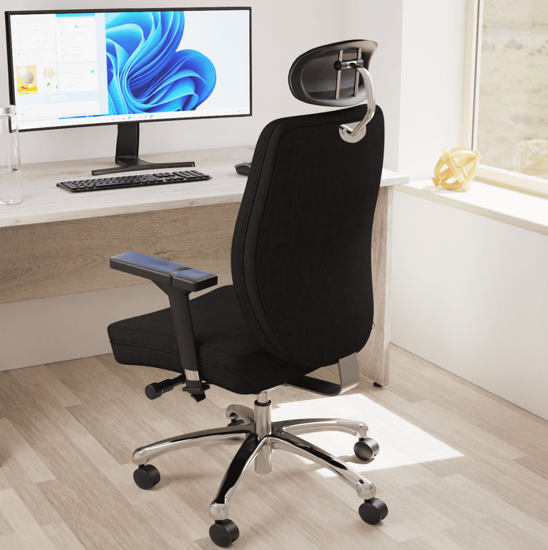 Domino High Back Black Posture Chair - Bonded Leather & Fabric, Adjustable Arms & Headrest, Chrome Frame, 145kg Capacity, 24hr Use (Flat Packed)