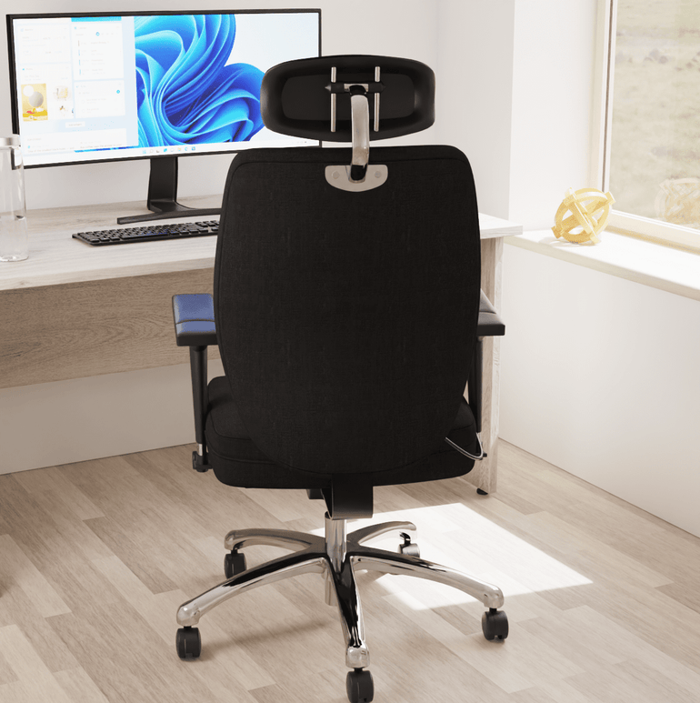 Domino High Back Black Posture Chair - Bonded Leather & Fabric, Adjustable Arms & Headrest, Chrome Frame, 145kg Capacity, 24hr Use (Flat Packed)