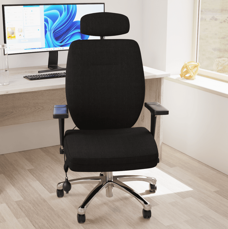 Domino High Back Black Posture Chair - Bonded Leather & Fabric, Adjustable Arms & Headrest, Chrome Frame, 145kg Capacity, 24hr Use (Flat Packed)